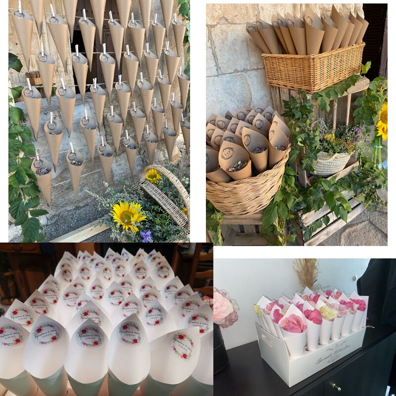 Conos de confeti para boda, 50 piezas, Papel Kraft Vintage, pétalos, soporte de flores, decoraciones nupciales para