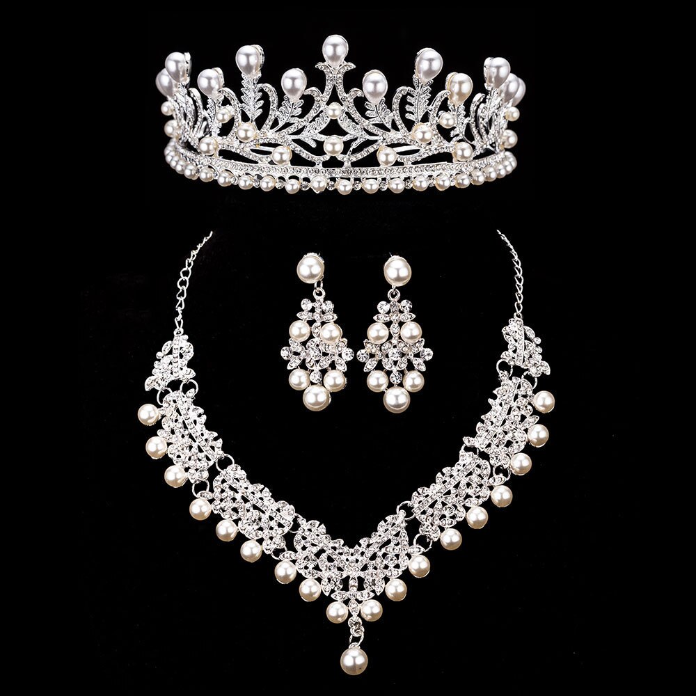 Ensemble de bijoux de fantaisie en cristal pour mariée, perles, collier ras du cou, boucles d'oreilles diadème, ensemble de bijoux de mariée pour femmes,: 3PCS Set Pearl 5