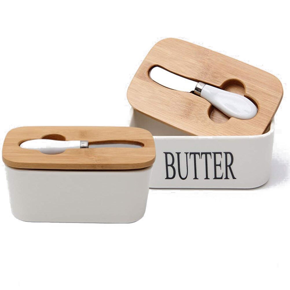 Ceramic Butter Container Set, Rectangle Butter Sealed Can + Wood Lid + Cutter + Silicone Loop(Pure White/Letter)