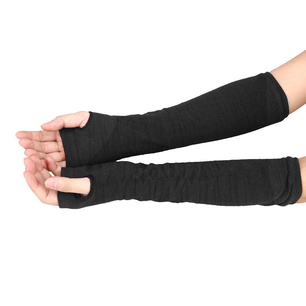 Sagace gants unisexe poignet bras tricoté à la main longs gants sans doigts couleur unie Crochet mitaines: Black