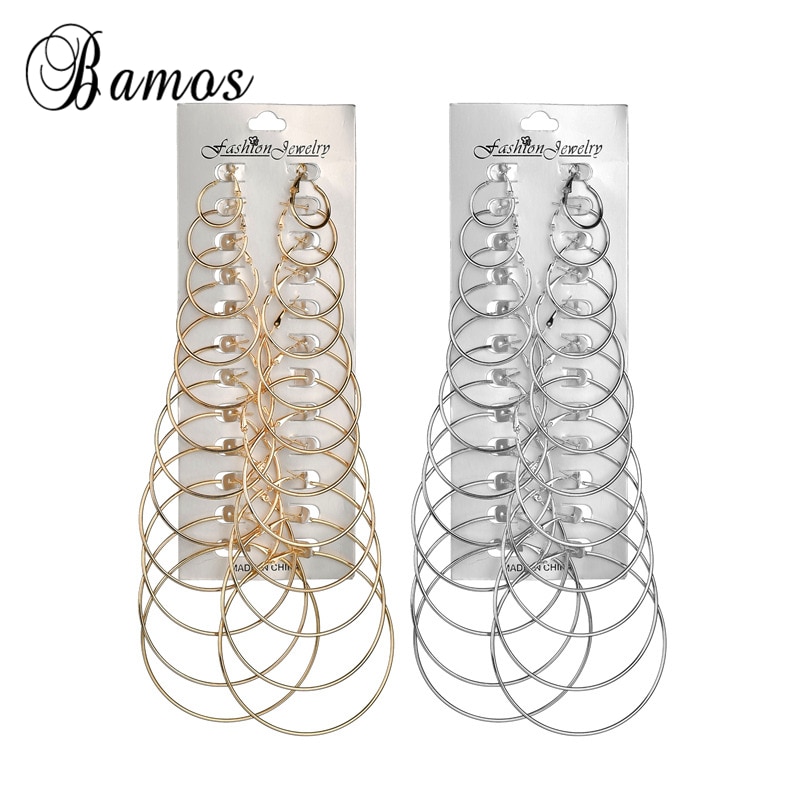 Bamos 12 Pair/Set Gold Color Hoop Earrings For Women Girls Simple Big Circle Double Sided Earrings Statement Jewelry