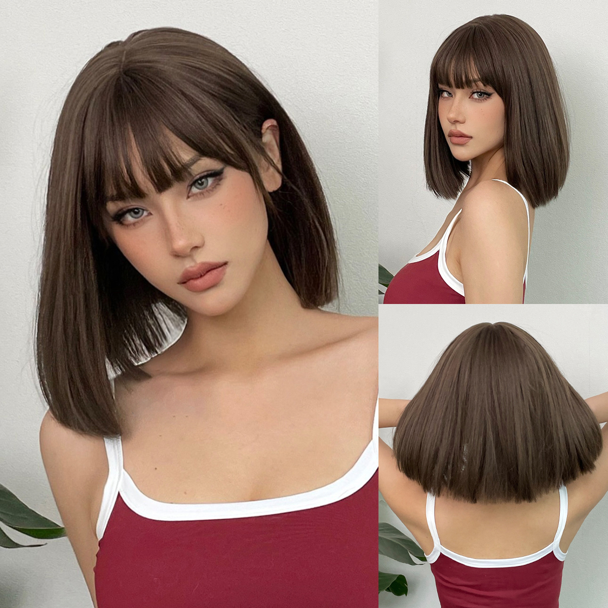 Short Layered Synthetic Wig Ombre Brown Medium Length Straight Natural Looking Hair Wig with Bangs Heat Resistant for Women Afro: Orange