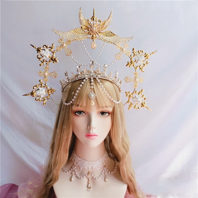 Gothic Lolita Kc Gothic Gold Halo Angel Vleugels Zon Godmother 'S Virgin Mary Godin Hoofddeksel Bead Ketting Bruid Haar Accessoires