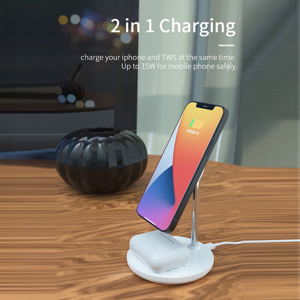 Magnetic Wireless Charger 2 in 1 Stand For iPhone 13/12 Pro/11/X Desktop Phone Holder 15W Qi Wireless Charging For Airpods 2 3