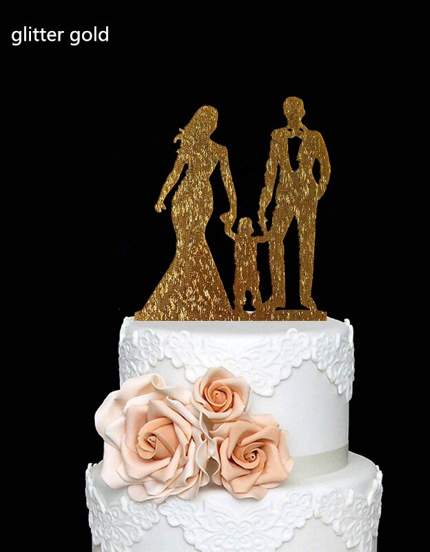 Family Style Rustic Wood Wedding Cake Topper Bride and Groom Cake Toppers with Kids Boy or Girl Cake Decorating Baby Shower: glitter gold