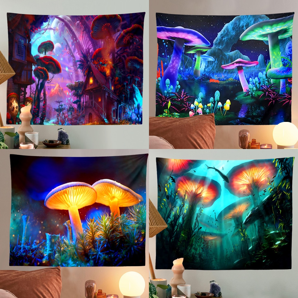Psychedelic Mushroom Tapestry Fantasy Plant Wall Tapestry Galaxy Space Tapestry Starry Night Sky Tapestry Wall Hanging for Room