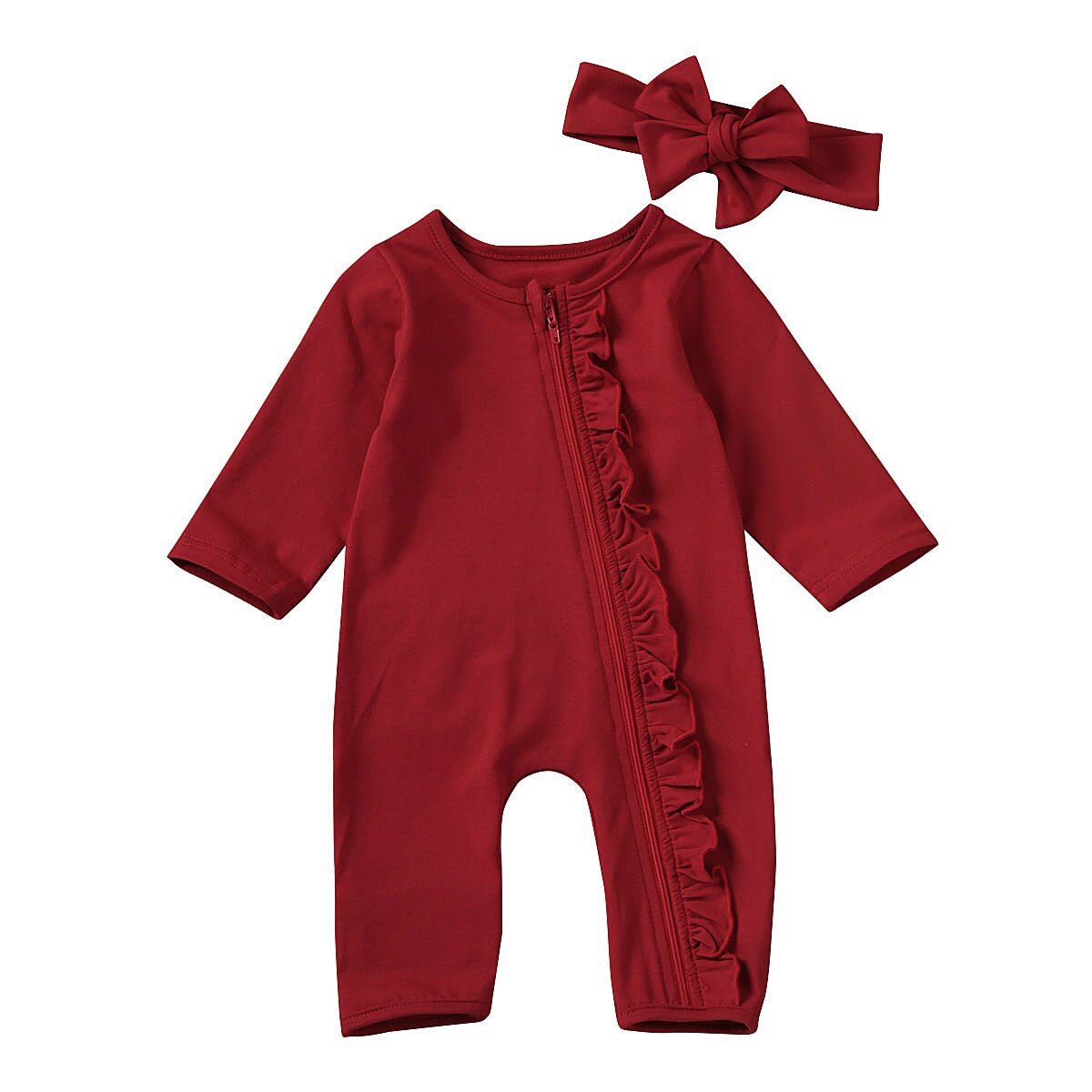 Christmas Newborn Toddler Baby Girl Clothes Red Long Sleeve O-Neck zipper Romper Top T-shirt Ruffle Long Pants Headband Outfits: A / 12M