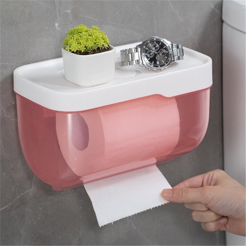 Suporte de toalha de papel higiênico do banheiro montagem na parede de plástico wc suporte de papel higiênico com prateleira de armazenamento rack caixa de armazenamento de papel: Rosa / L