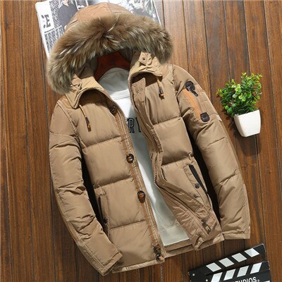 -20 graders vinterjakke herre hvite andedun parkas menn tykk varm snø parka jakke overtrekk vindjakke hette varme parkas: Khaki / L