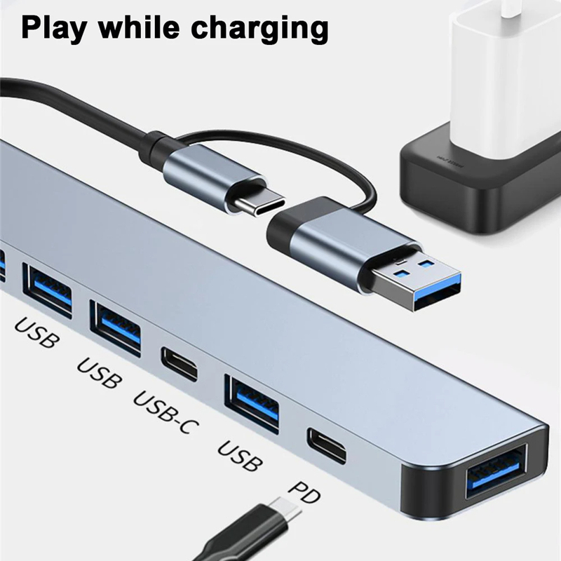 Hub USB-C 8 em 1 com adaptador de áudio, leitor de cartão Micro SD, conversor de disco para laptop, tablet e celular.