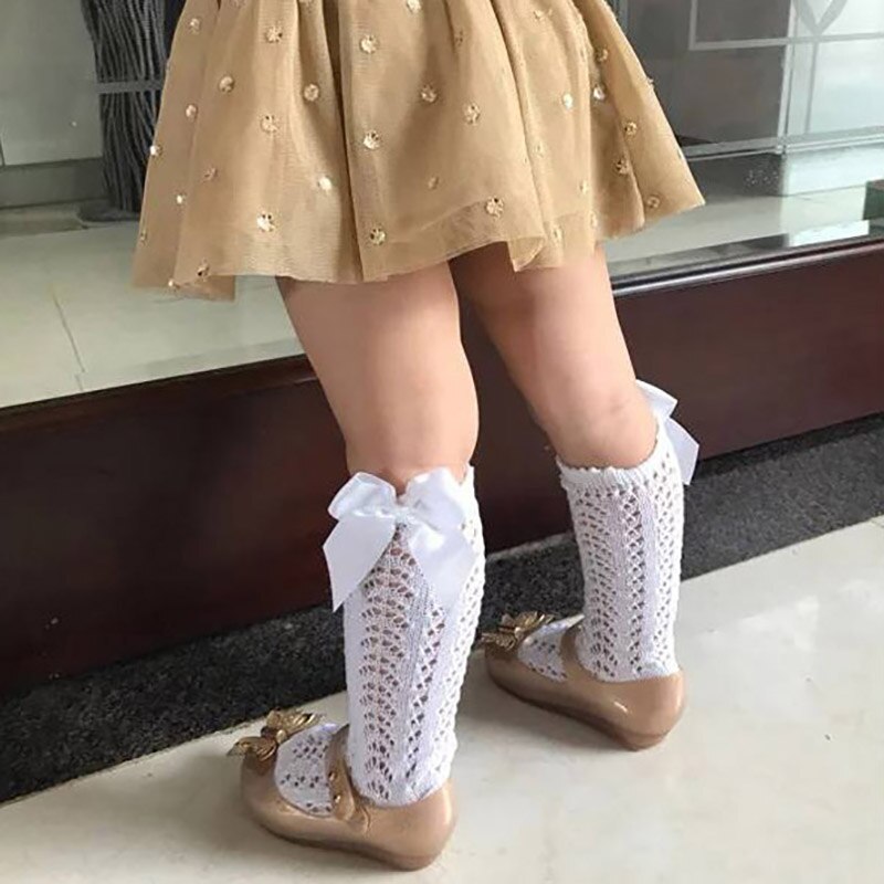 Calcetines de malla hasta la rodilla para bebé, medias de algodón de Color sólido, con bonitos lazos, para niña