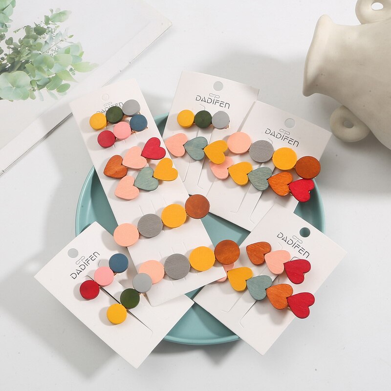 2 unids/lote Vintage de madera colorida pinzas de pelo para mujeres geométrico forma de corazón redonda de horquilla de pelo accesorios estilo