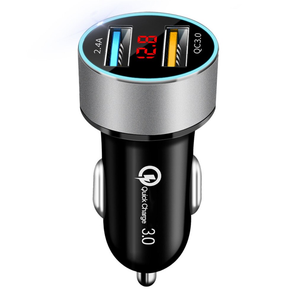 Cargador USB para coche QC3.0 + 2.4A, pantalla LCD, 12-24V, encendedor de cigarrillos, cargador rápido, adaptador Dual para coche: Silver