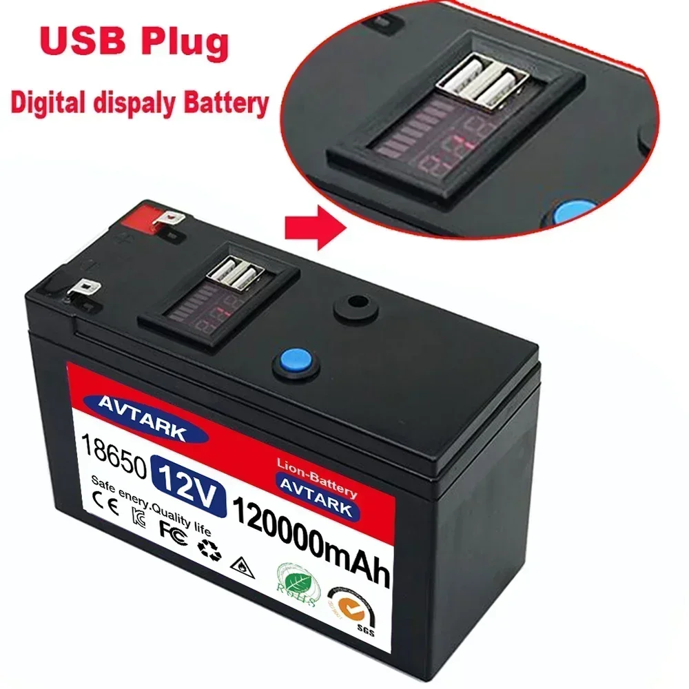 LiFePO4 12V 120Ah Lithium Battery Portable Rechargeable Battery Built-in 5V 2.1A Usb Power Display Port Charging