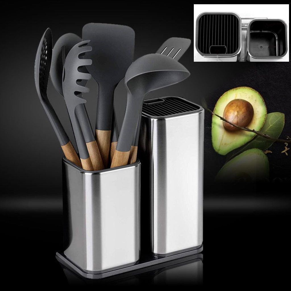 2pcs Stainless Steel Kitchen Knife Holder + Kitchen Utensil Holder Set Knife Stand Organizer Block Sooktops Tube Shelf Container