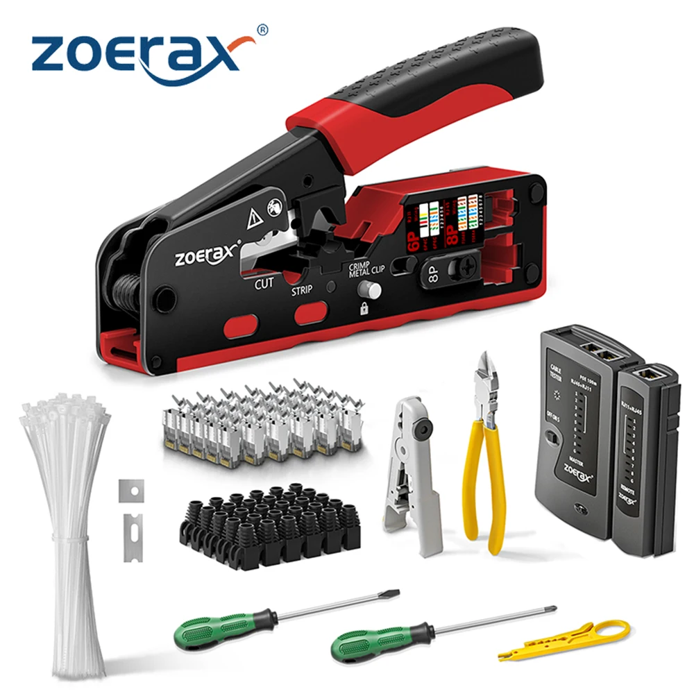 ZoeRax Network Tool Kit - Cat7 Cat6A Cable Tester, Crimper, Wire Cutter, Connectors, Boots, Ties, Screwdrivers