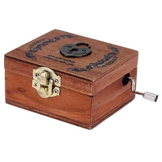 Exquisite Retro Wooden Musical Box Hand Crank Melody: Heart Lock