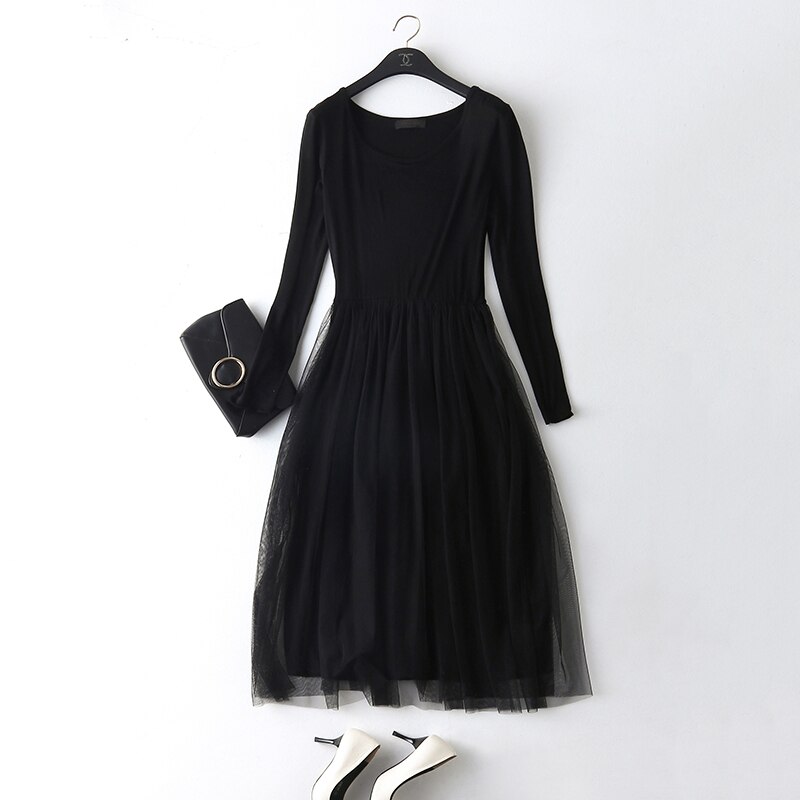 Modal long-sleeve basic one-piece underskirt gauze female basic full slip spring and autumn all-match lace basic skirt: Black