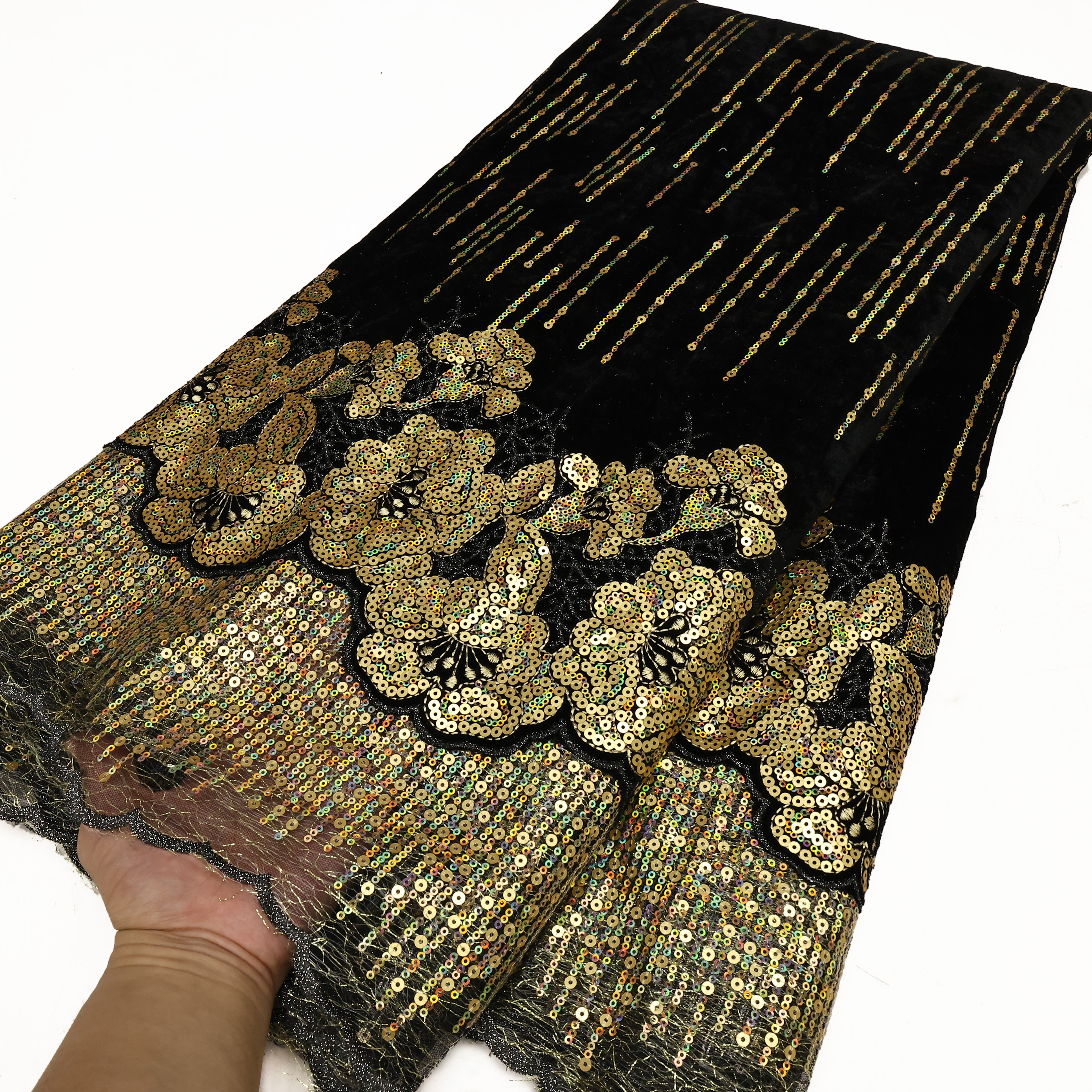 Tessuto di pizzo di velluto africano di moda tutto'ingrosso di alta qualità donne partito paillettes ricamo materiali di pizzo nigeriano: Laser luminoso / 2.5yard