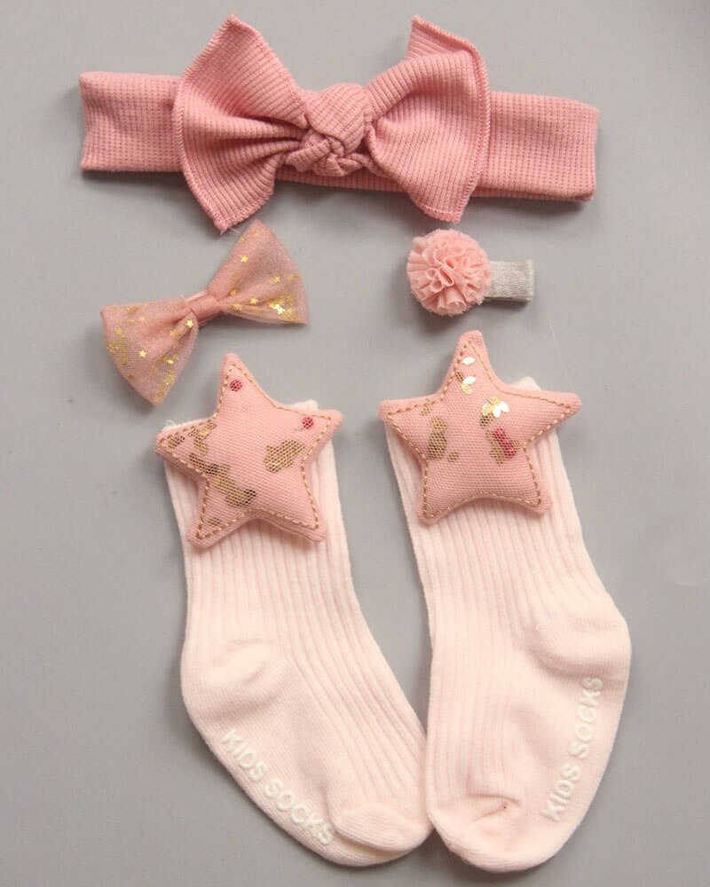 Neugeborenen-mädchen-socken + haarband-einstellen, prinzessinnen-krippensocken mit spitze und blumenmuster, baumwollsocken, haarspangen, prinzessin für kleinkinder, 0-2t stück