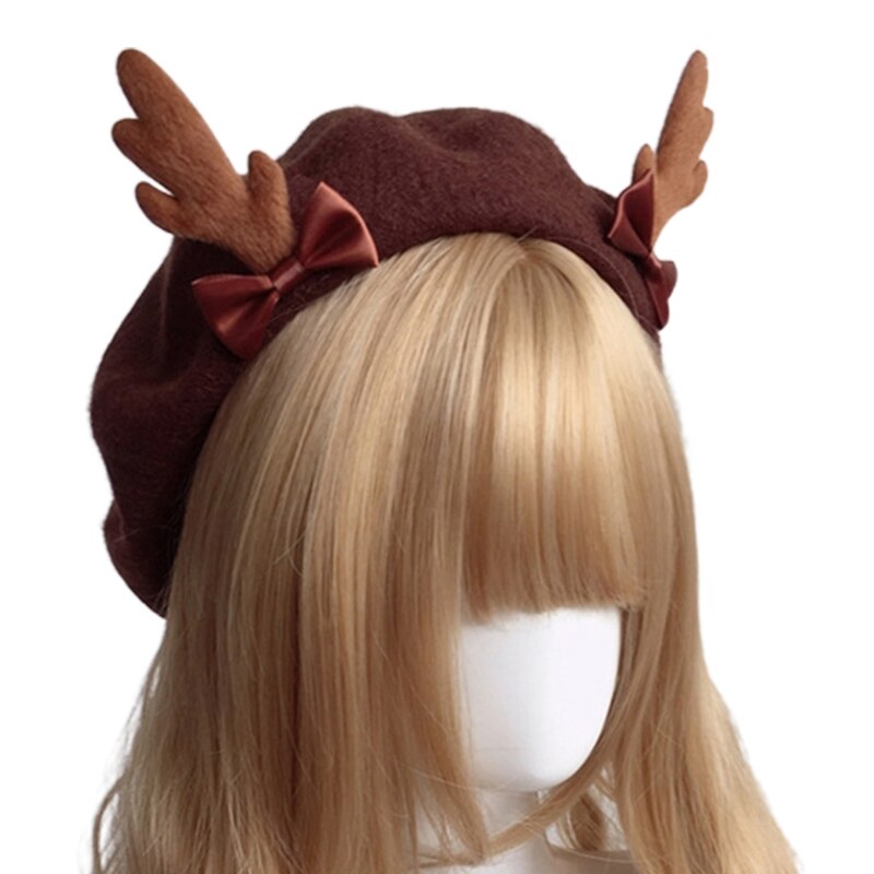 Winter Elegante Lolita Hirsch Geweih Mütze Wolle Maler Hütte Süße Coole Baskenmütze Lolita Hütte Frauen Mädchen Zubehör: dunkel Braun