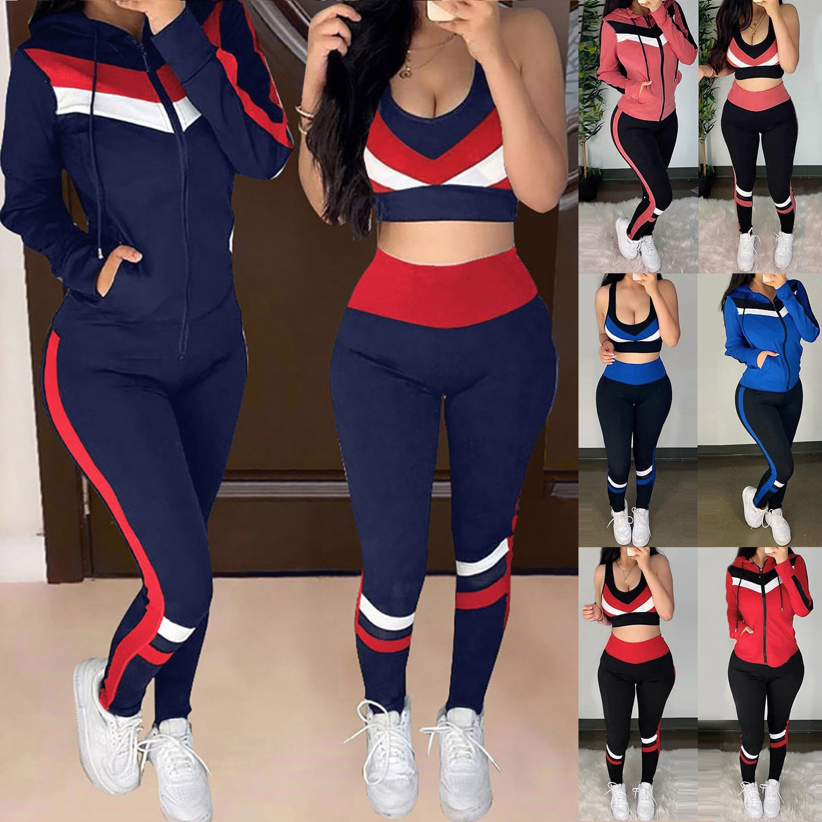 2020 nuovo Sport Set WomenSpliced Con Cappuccio Della Maglia Per Il Tempo Libero Vestito di Sport 3-pieceSuits Vestiti Delle Donne спортивные костюмы женс