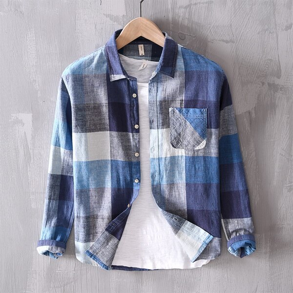 Italienskt märke linneskjorta herr rutiga långärmade skjortor för män avslappnad bekväm skjorta herr overhemd chemise camisa: Blå / Xxxl (asiatisk storlek)