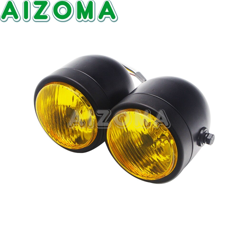 Motorcycle Twin Round Headlight Dual Sport 4" Double Dominator Head Lamp Light for Honda Yamaha Suzuki Cafe Racer Vmax Vmx 1200: 1069 Black Yellow