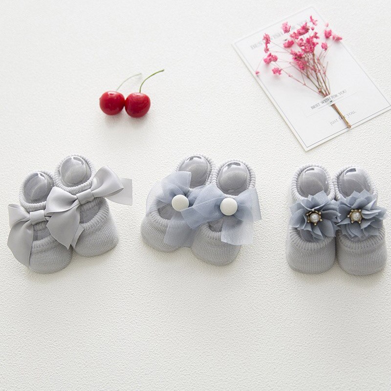 Chaussettes en coton, 3 paires/ensemble, chaussettes pour bébé, pour -né, avec nœud fleuri, printemps et été, antidérapantes, pour bébé fille, d'anniversaire