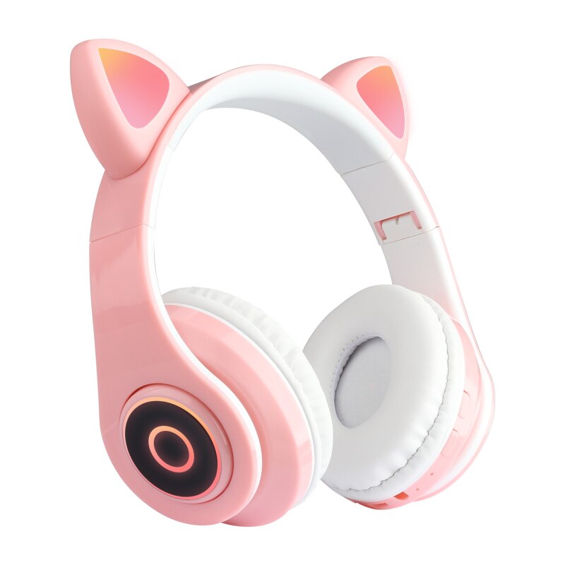 Auriculares inalámbricos con Bluetooth y micrófono para chica, cascos con orejas de gato, luz Flash, Decoración LED, estéreo, música, teléfono,: Pink