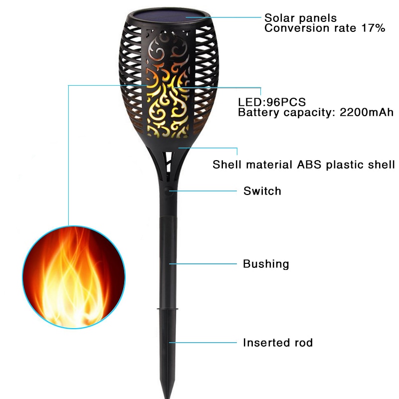 Solar Tiki Torch Lights LED Garden Waterproof Outdoor Courtyard Lamp Dancing Flame Flickering 96 LEDs Decorative Lights IP65