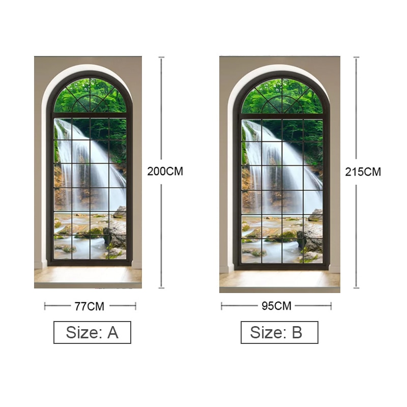 2Pcs/Set Waterfall Scenery Outside The Window 3D Wall Door Sticker PVC Self-adhesive Waterproof Mural Decals Door Decor Poster