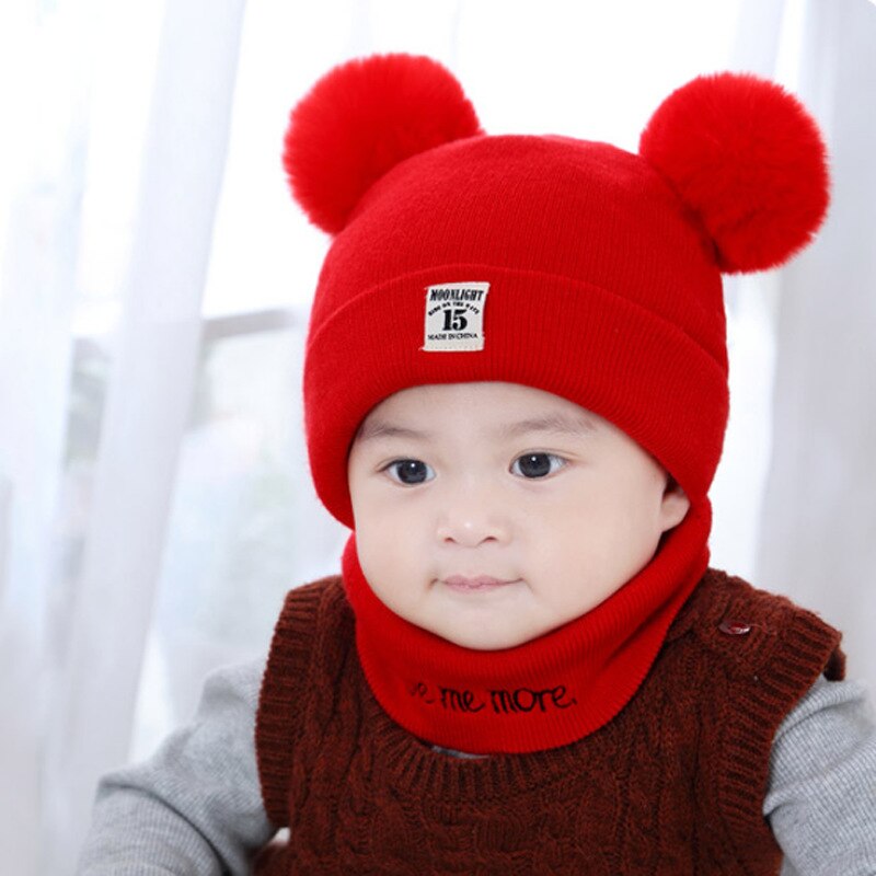 Herfst winter baby mutsen voor kinderen sjaal set pompom meisjes jongens mutsen mutsen kinderen pasgeboren muts: Rood / Sjaal muts