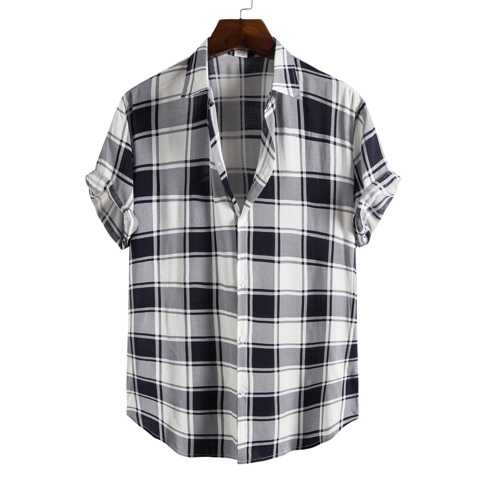 Men Loose Shirt Plaid Short Sleeve Turn Down Collar Casual Tops Streetwear Men Hawaiian Beach Shirts Masculina