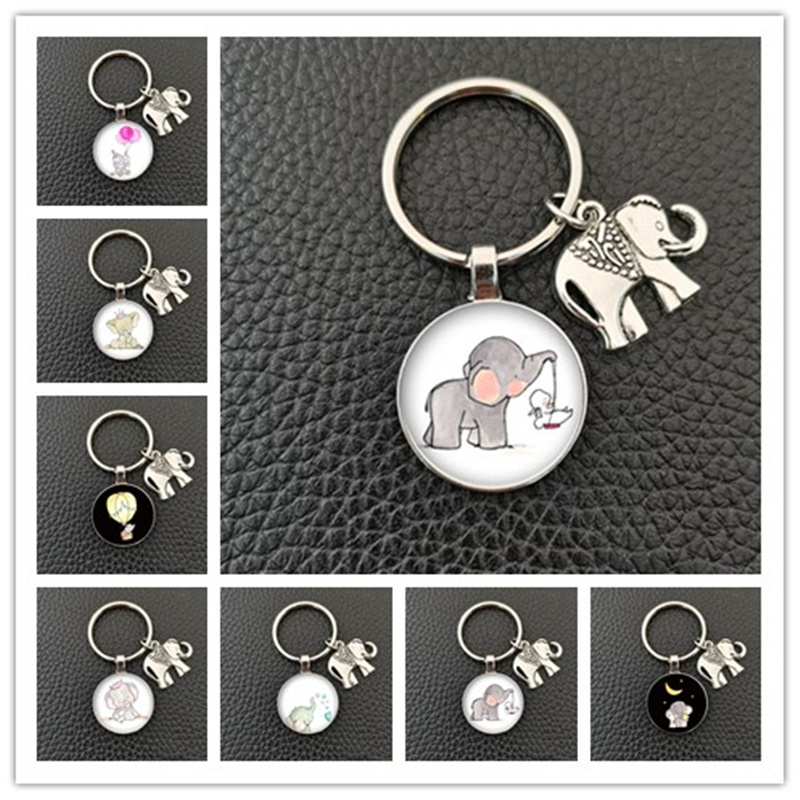 , llavero redondo convexo de cristal con de elefante y elefante bebé hecho a mano, llavero de coche, accesorios de boutique