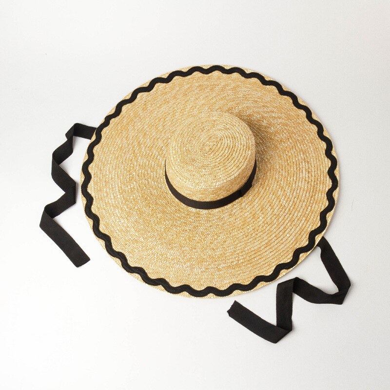 hats women Wave patch cloth brim flat top big straw hat outdoor sunshade beach straw hat