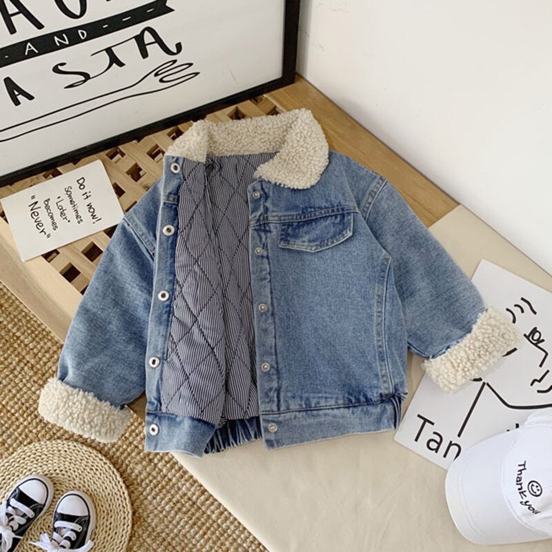 HE Hello Enjoy Jacket For Girls Boys Autumn Winter Plus Cashmere Thicken Coat Children Clothes Warm Baby Denim