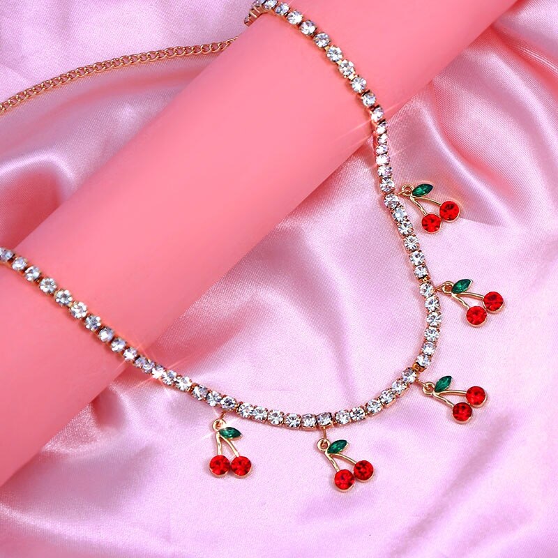 Flatfoosie Charm Red Cherry Crystal Pendant Necklace For Women Shiny Tennis Chain Necklace Jewelry Party Friendship