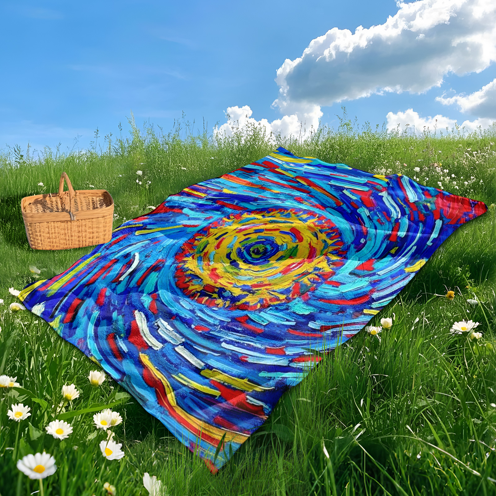 Manta al aire libre azul amarilla inspirada en Van Gogh, noche estrellada abstracta para pícnics acogedores y aventuras de acampada