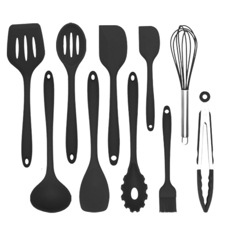 11/10pcs Heat Resistant Silicone Cookware Set Nonstick Cooking Tools Kitchen Baking Tool Kit Utensils Non-stick Spatula Spoon Br: 10pcs black