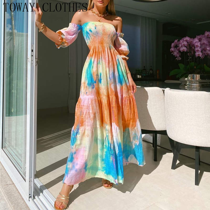 CUPSHE Damesjurken voor de zomer, A-lijn, off-shoulder ruches, maxi