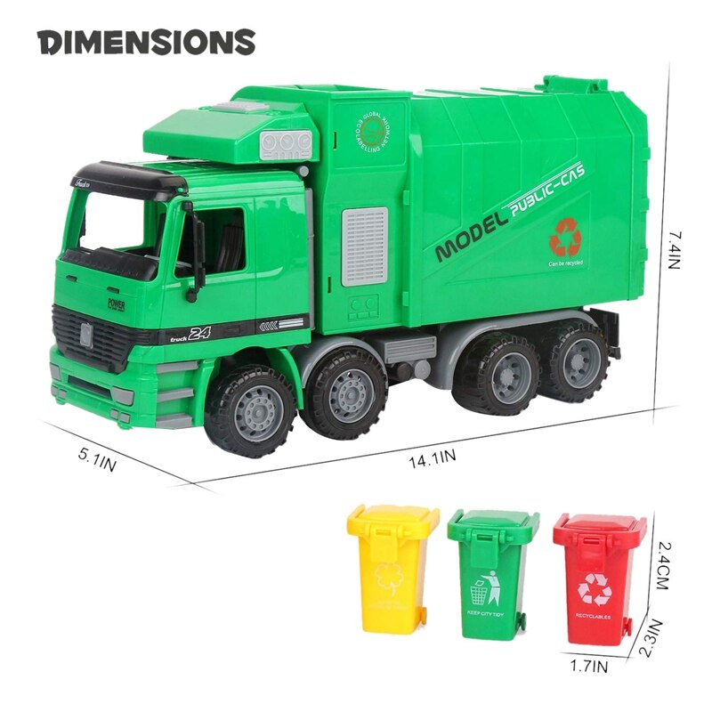 14 Inch Friction Powered Garbage Truck Toy,with 3 Trash Cans,No Battery Required,A Great for Children