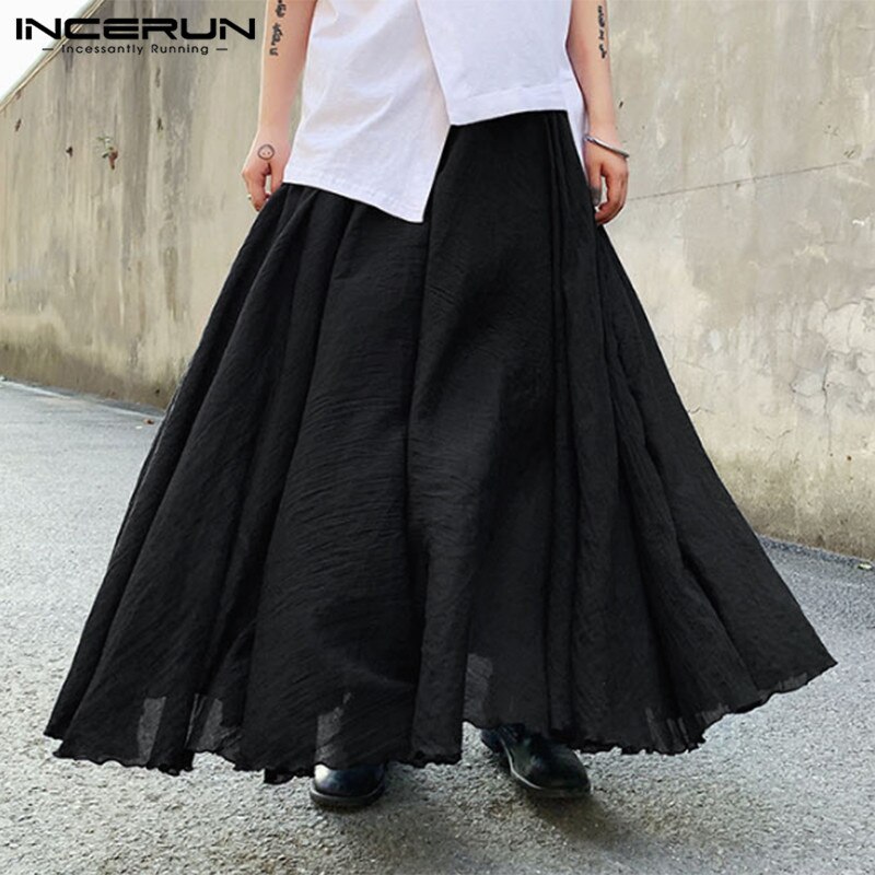 INCERUN Mens Solid Color Skirts Loose Elastic Waist Casual Skirts Spring Male Korean Style Long Skirts Streetwear S-5XL