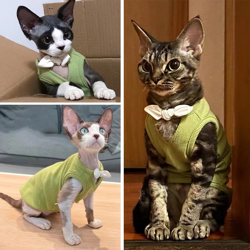 Cotton Sphinx Cat Clothes Cute Pet Sweater Vest Soft Kittens Costume BowKnot V Shirt For Sphynx Spring Summer Devon Rex Ragdoll