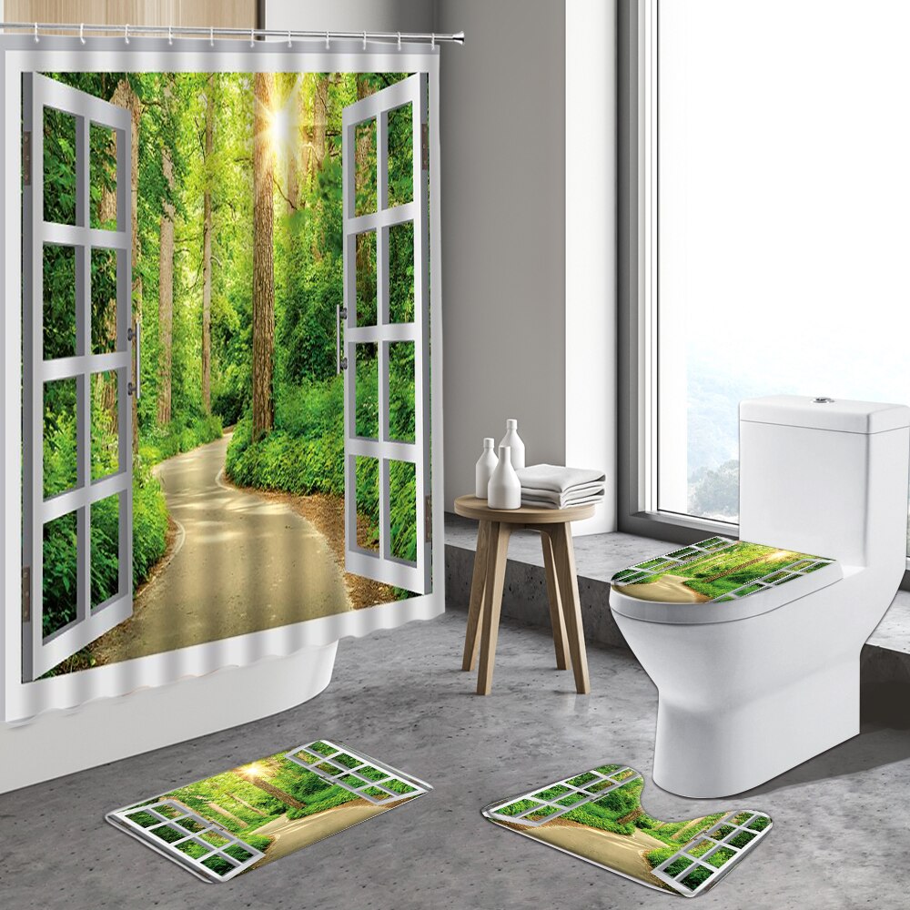 4pcs Zen Stone Shower Curtain Green Bamboo Orchid Flower Plants Anti-Slip Bath Mats Toilet Lid Cover Bathroom Decor Carpet Rugs: 7391J -4pcs set