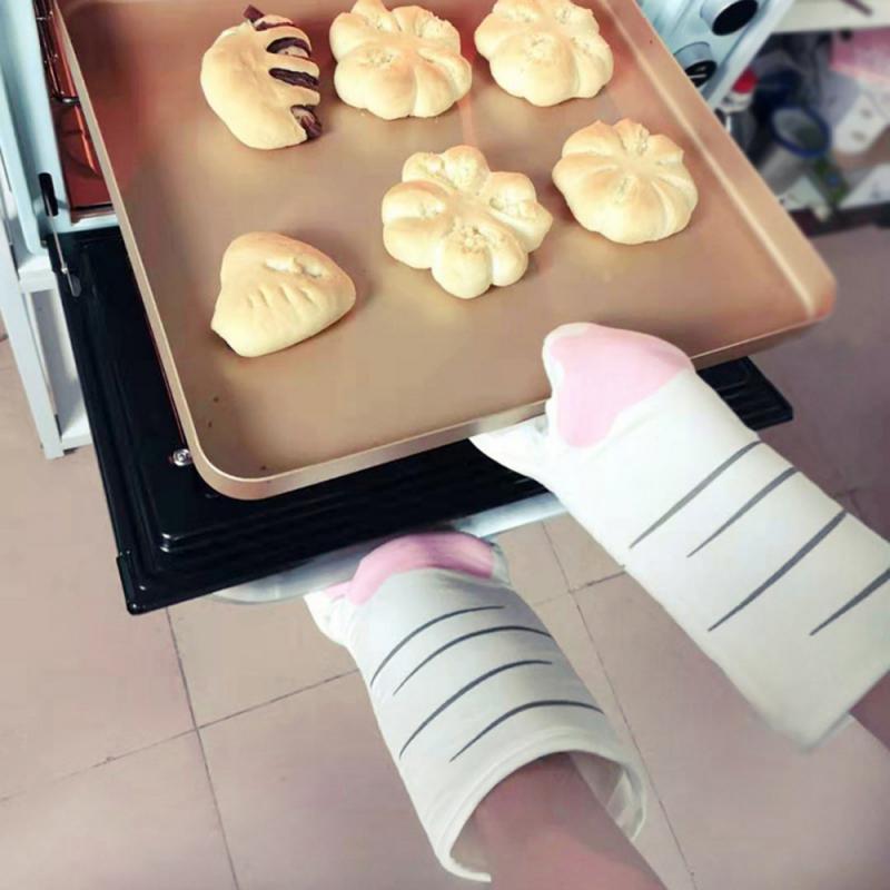 3D Cartoon Cat Paws Oven Mitts Long Cotton Baking Insulation Gloves Microwave Non-slip Heat Resistant Kitchen Gloves