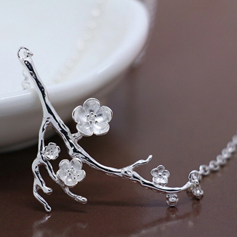 Pure 925 Sterling Silver flower branch Pendant Necklaces for Women Jewely Small Chokers Necklaces Fine Jewelry 4.9