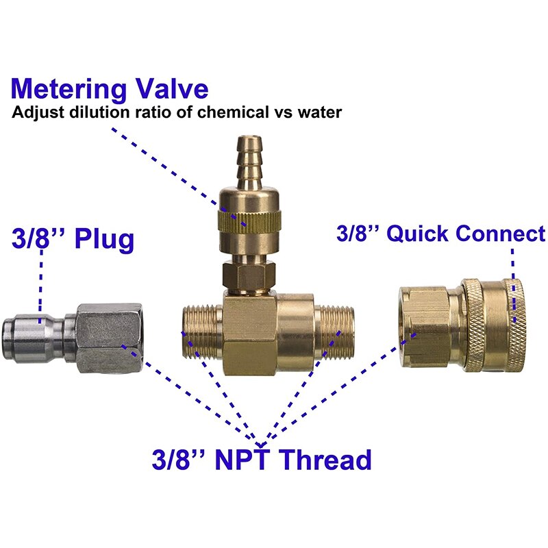 Chemische injector van roestvrij staal, messing, instelbare waterinjector, voor hogedrukreiniger, 5000 psi, eenvoudige installatie, verbeterde efficiëntie
