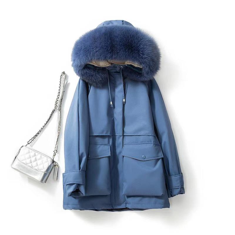 Lusumily Nieuwkomers Extra Grote Fur Hooded Winter Wit Donsjack Vrouwen-20 Graden Thicken Parka Warm Sash Tie up Sneeuw Jas: Blue / XL