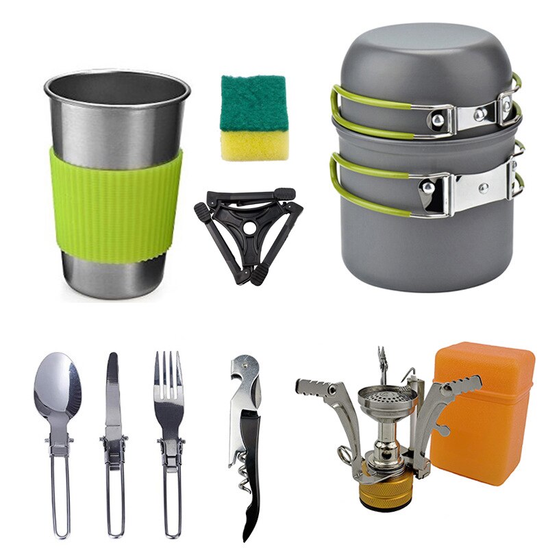 Aluminium Legierung draussen Camping Reise Kochgeschirr Camping Topf Wandern Picknick Tourist Geschirr einstellen Mit Klapp Löffel Mini Gas Herde: 1903
